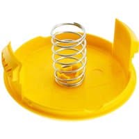 Yellow Stanley FatMax V20 spool cap with central metal spring and side clips.