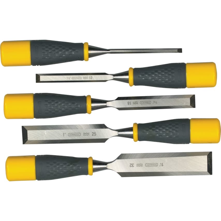Four Stanley DYNAGRIP™ bevel edge chisels with yellow rubberized handles and steel blades, sizes 1/2", 3/4", 1", and 1-1/4", featuring a strike cap for durability.