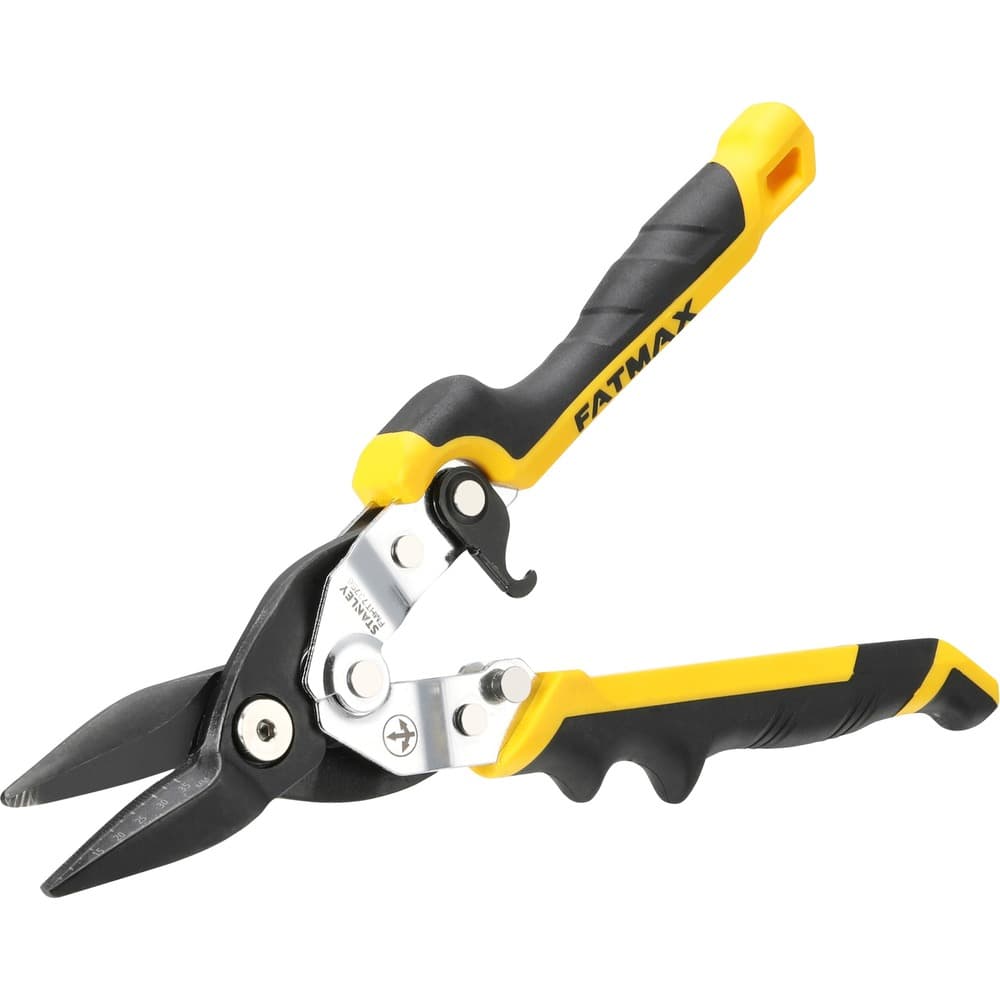 Yellow and black Stanley FatMax® Ergo Aviation Snips with straight cutting blades, featuring a comfortable grip and a safety latch for secure use.