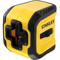 Yellow and black Stanley cross line laser level with a central cross-shaped lens and side switch.