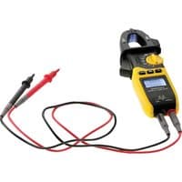 Yellow and black Stanley digital multimeter with clamp, LCD screen, and red and black test leads.