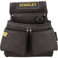 Stanley leather double nail pocket pouch, dark brown with yellow logo, multiple compartments, and reinforced stitching.