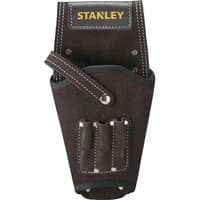 Stanley Leather Drill Holster, dark brown leather with white stitching, belt loop, and multiple tool pockets.