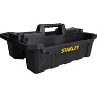 Black Stanley plastic tool tote tray with central handle and yellow logo.
