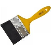 Yellow-handled Stanley hobby paint brush with 100mm wide black bristles and metal ferrule.