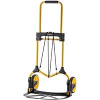 Yellow Stanley folding hand truck with black handle, bungee cord, and two large black and yellow wheels.