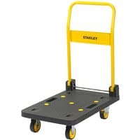 Yellow and black Stanley folding platform truck with four wheels and a textured surface.