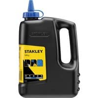Black Stanley chalk line refill bottle with blue nozzle and yellow label.