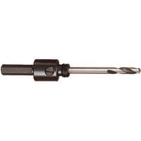Black Starrett arbor with 9mm shank and 14mm-30mm hole saw compatibility, featuring a silver drill bit tip.