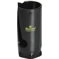 Black Starrett 32mm TCT holesaw with carbide-tipped teeth and side slots for chip removal.