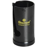 Black Starrett carbide-tipped holesaw, cylindrical with side slot and yellow logo, 40mm diameter.