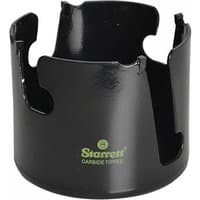 Black Starrett holesaw with carbide teeth and ventilation slots, 83mm diameter, green logo on side.