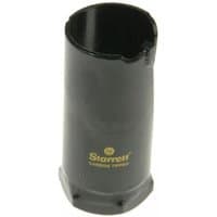 Black Starrett holesaw with carbide tips and yellow logo, cylindrical shape, 102mm diameter.