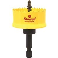 Yellow Starrett cordless hole saw with jagged edge, black drill bit, and hex shank.