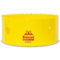 Yellow Starrett Fastcut Bi Metal Holesaw with jagged edge and red logo on side.
