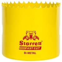Yellow Starrett bi-metal holesaw with jagged edge and red logo, labeled "Fastcut" and "152mm".