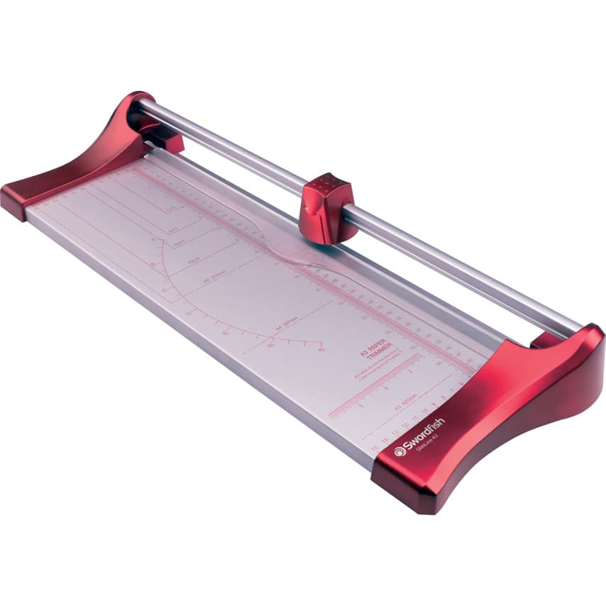 Swordfish SlimLine A3 Trimmer features a sleek red plastic frame, a clear cutting surface with measurement markings, and a silver cutting blade for precise trimming.