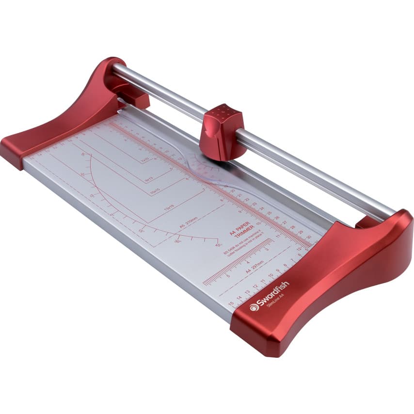 Swordfish SlimLine A4 trimmer in red and silver, featuring a clear cutting base with measurement markings and a metal blade for precise cutting.