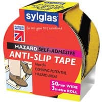 Black and yellow striped Sylglas anti-slip tape, 50mm wide, 3m roll, in a box with hazard warning design.