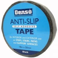 Black Sylglas anti-slip tape roll, 50mm x 18m, with blue label for interior and exterior use on slippery surfaces.
