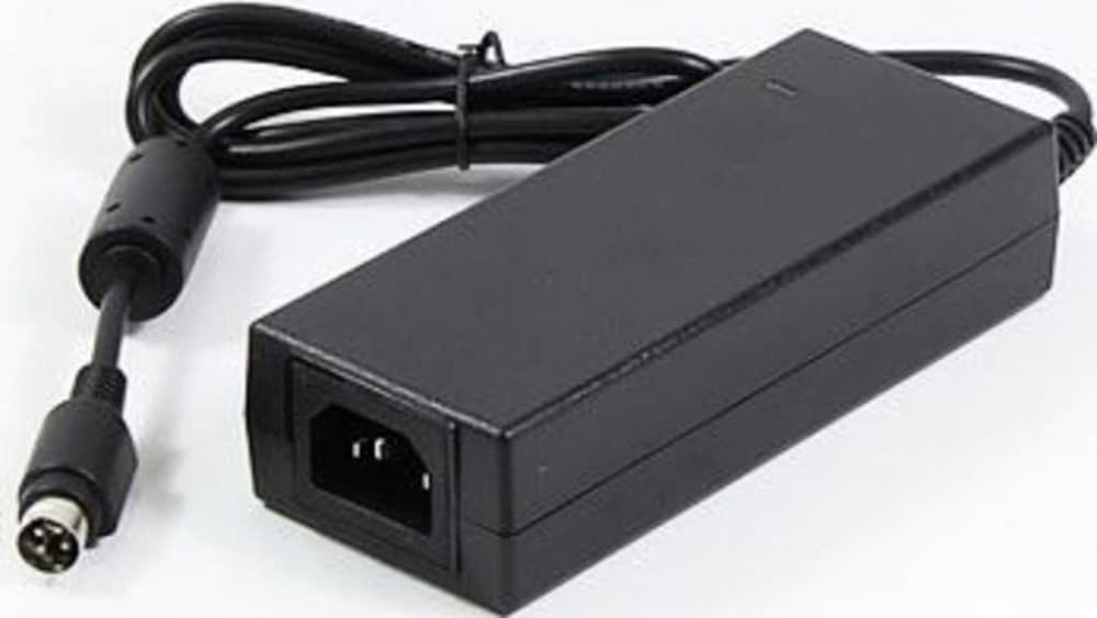 Black 65W power adapter with a rectangular design, featuring a cable and a round connector, suitable for indoor use by Synology.