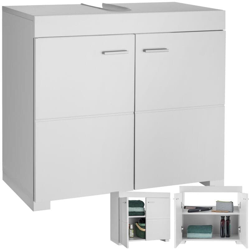 White bathroom cabinet sink vanity unit featuring a sleek design with two compartment doors, minimalist handles, and open shelving for storage.