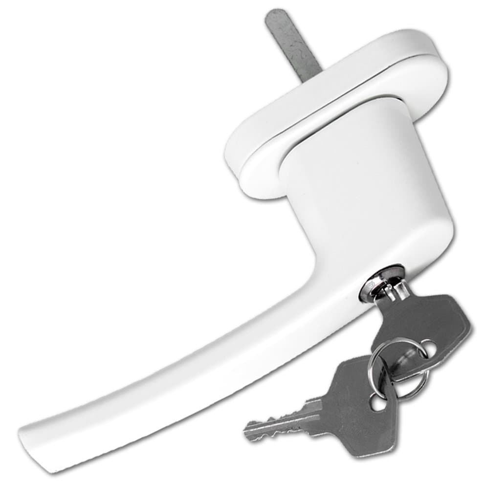 Lockable white UPVC window handle with a curved lever design, featuring a keyhole and two silver keys attached.