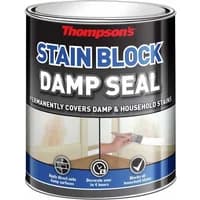 Thompsons Damp Seal White 750Ml can with black label, red logo, and blue accents, designed for covering damp stains.