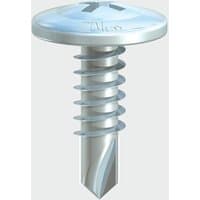 TIMCO zinc self-drilling screw, silver with a flat wafer head and sharp tip, 4.2 x 19 mm size.