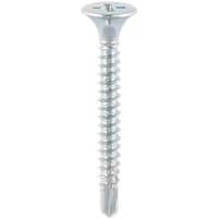 Zinc-plated TIMCO drywall screw with bugle head, self-drilling tip, and sharp threads, size 3.5 x 42 mm.