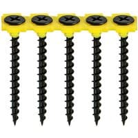Black collated drywall screws with coarse thread, yellow strip, and bugle head, size 3.5 x 45 by TIMCO.