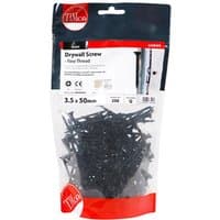 Black TIMCO drywall screws, fine thread, bugle head, 3.5x50mm, in a clear TIMbag pack of 250.
