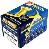 Box of TIMCO yellow concrete screws, flat countersunk, size 7.5 x 120mm, 100 count, with bold branding.