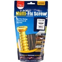 "Yellow TIMCO concrete screws, flat countersunk, 7.5 x 120mm, in blue TIMbag with label and screw image"