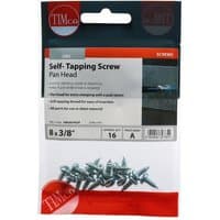 "Pack of silver Timco self-tapping screws with pan head, zinc finish, size 8 x 3/8, in clear plastic packaging"