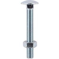 Zinc-plated TIMCO carriage bolt with hex nut, M6 x 75mm, silver finish, cylindrical threaded shaft, box of 100.