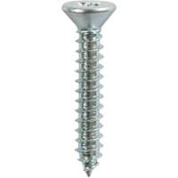 Silver Timco self-tapping screw, Pz drive, countersunk head, zinc-plated, size 8 x 1 1/4, single piece.