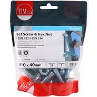 TIMCO set screws and hex nuts, zinc-plated, M10 x 40, in a clear TIMbag with red and white branding.
