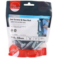 TIMCO set screws and hex nuts, zinc-plated, M10 x 50, in a clear TIMbag with red and blue labeling, pack of 25.