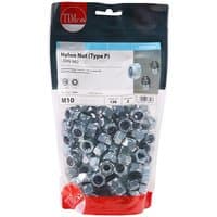 Clear bag of Timco zinc M10 nylon nuts, Type P, with red and white label, containing 130 pieces.