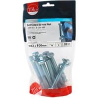 "Pack of silver Timco M12 x 100mm set screws and hex nuts, grade 8.8, in a clear TIMbag with red and blue branding"