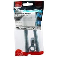 Timco set screws and hex nuts, zinc-plated, M12 x 100mm, packaged in clear plastic bag with red and white label.