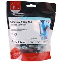 Clear bag of Timco M12 x 25mm zinc set screws and hex nuts, Grade 8.8, with red and white branding.