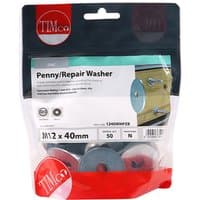 "Pack of 50 TIMCO zinc M12 x 40 penny washers in a clear resealable bag with red and white branding"