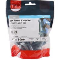 TIMCO set screws and hex nuts, zinc-plated, M12 x 50mm, in a clear TIMbag with red and blue branding.