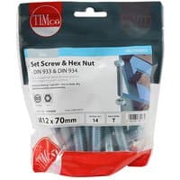 Timco set screws and hex nuts in clear bag, zinc finish, M12 x 70, grade 8.8, with red and white branding.