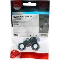 Clear plastic pack of four Timco zinc-plated M12 nylon nuts with hexagonal shape and blue nylon insert.
