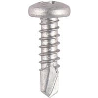 Silver TIMCO window fabrication screw with pan head, self-tapping threads, and self-drilling point, 4.2 x 13 mm.