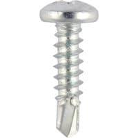TIMCO zinc window screw, pan head, self-tapping thread, self-drilling point, 4.2 x 25 mm, shiny silver finish.