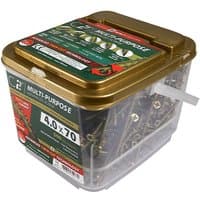 TIMCO yellow multi-purpose screws in a clear plastic tub with a gold lid, labeled C2 Strong-Fix, 3.5 x 30 size.